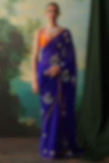 Royal Blue Chiffon Sequin Hand Embroidered Wedding Saree by RASHIKA MITTAL at Pernia's Pop Up Shop