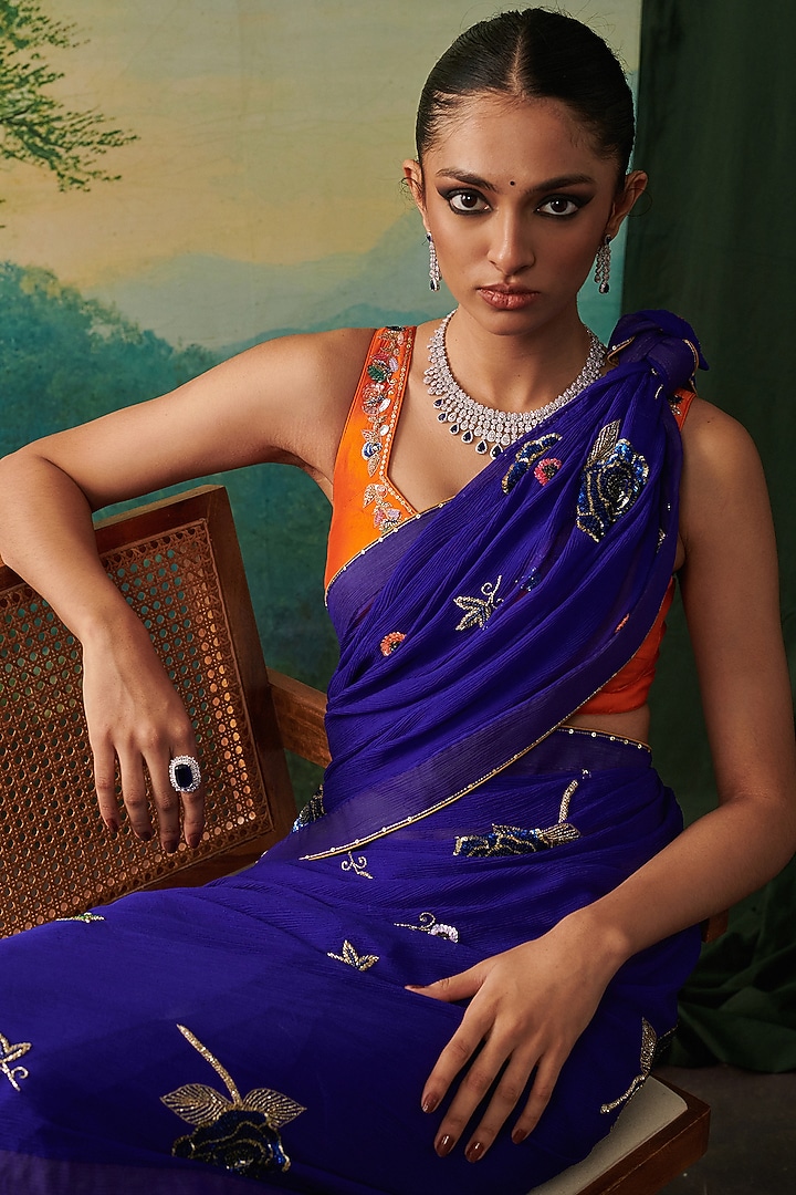 Royal Blue Chiffon Sequin Hand Embroidered Wedding Saree by RASHIKA MITTAL at Pernia's Pop Up Shop
