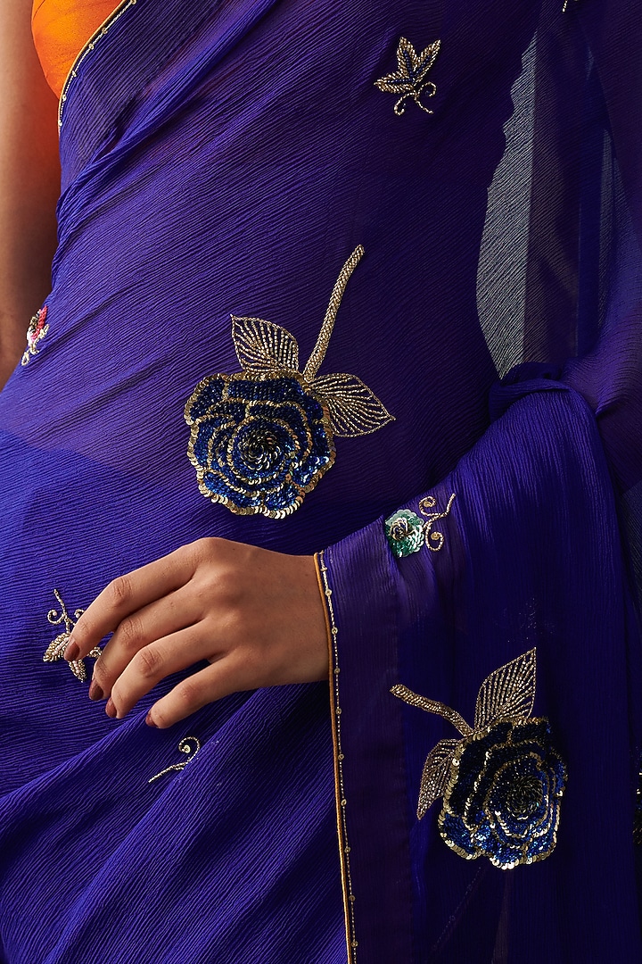 Royal Blue Chiffon Sequin Hand Embroidered Wedding Saree by RASHIKA MITTAL at Pernia's Pop Up Shop