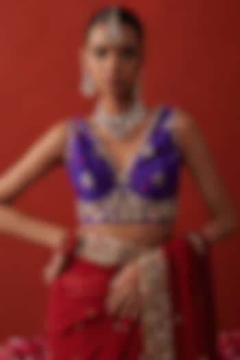 Purple Bandhani Banarasi Silk Sequin Embroidered Blouse by RASHIKA MITTAL at Pernia's Pop Up Shop