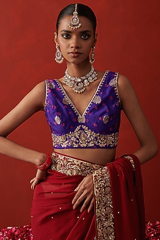 Purple Bandhani Banarasi Silk Sequin Embroidered Blouse by RASHIKA MITTAL