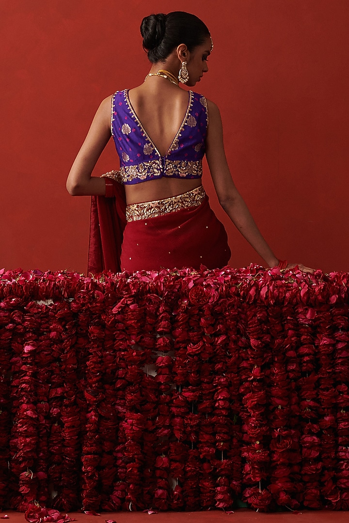 Purple Bandhani Banarasi Silk Sequin Embroidered Blouse by RASHIKA MITTAL at Pernia's Pop Up Shop