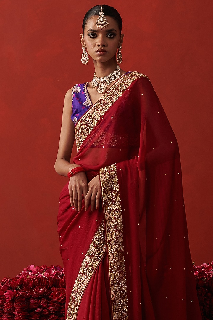 Purple Bandhani Banarasi Silk Sequin Embroidered Blouse by RASHIKA MITTAL at Pernia's Pop Up Shop