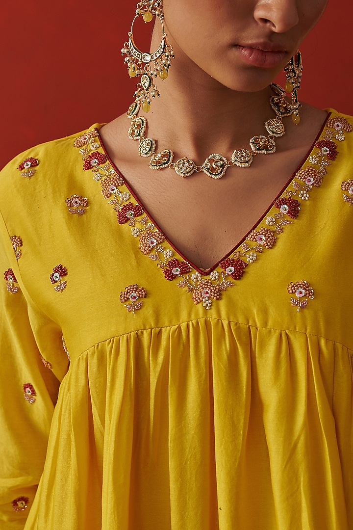 Yellow Chanderi Cutdana Hand Embroidered Kurta Set by RASHIKA MITTAL at Pernia's Pop Up Shop
