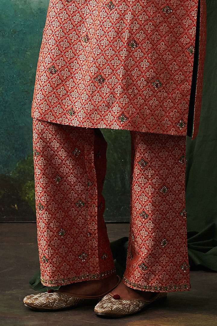 Orange Banarasi Floral & Thread Embroidered Kurta Set by RASHIKA MITTAL at Pernia's Pop Up Shop