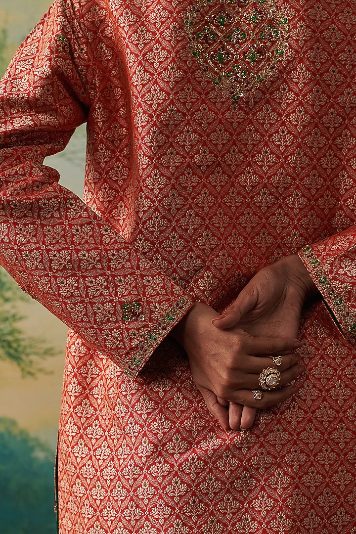 Orange Banarasi Floral & Thread Embroidered Kurta Set by RASHIKA MITTAL at Pernia's Pop Up Shop