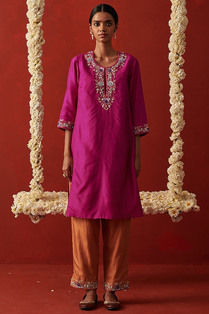 Magenta Silk Floral & Sequin Hand Embroidered Kurta Set by RASHIKA MITTAL at Pernia's Pop Up Shop