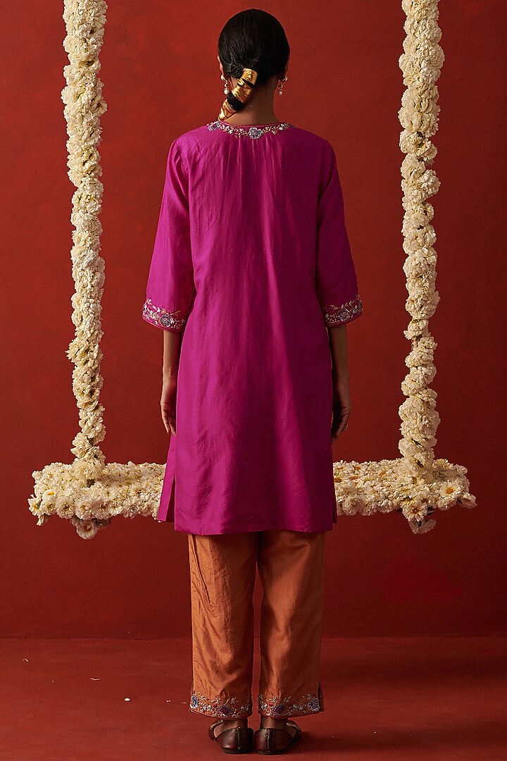 Magenta Silk Floral & Sequin Hand Embroidered Kurta Set by RASHIKA MITTAL at Pernia's Pop Up Shop