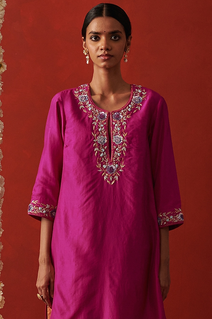 Magenta Silk Floral & Sequin Hand Embroidered Kurta Set by RASHIKA MITTAL at Pernia's Pop Up Shop