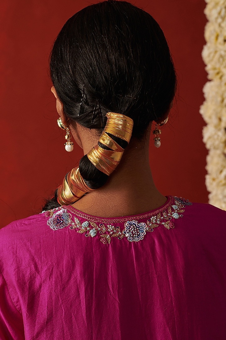 Magenta Silk Floral & Sequin Hand Embroidered Kurta Set by RASHIKA MITTAL at Pernia's Pop Up Shop