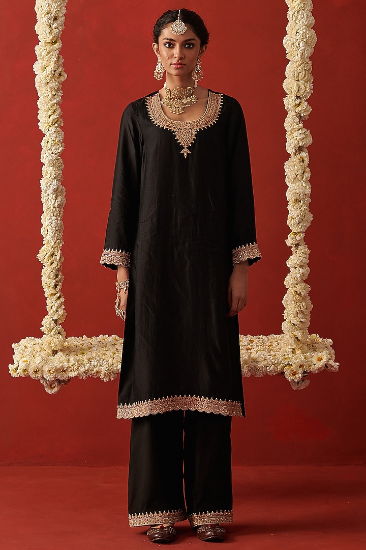 Deep Black Silk Marodi & Jaal Embroidered Kurta Set by RASHIKA MITTAL at Pernia's Pop Up Shop