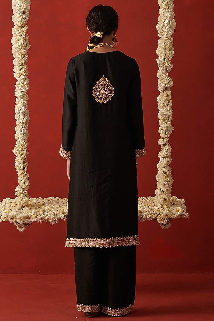 Deep Black Silk Marodi & Jaal Embroidered Kurta Set by RASHIKA MITTAL at Pernia's Pop Up Shop