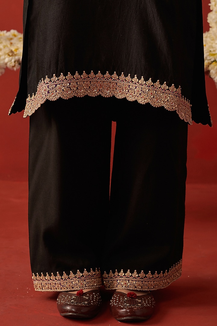Deep Black Silk Marodi & Jaal Embroidered Kurta Set by RASHIKA MITTAL at Pernia's Pop Up Shop