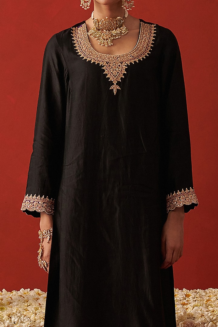 Deep Black Silk Marodi & Jaal Embroidered Kurta Set by RASHIKA MITTAL at Pernia's Pop Up Shop