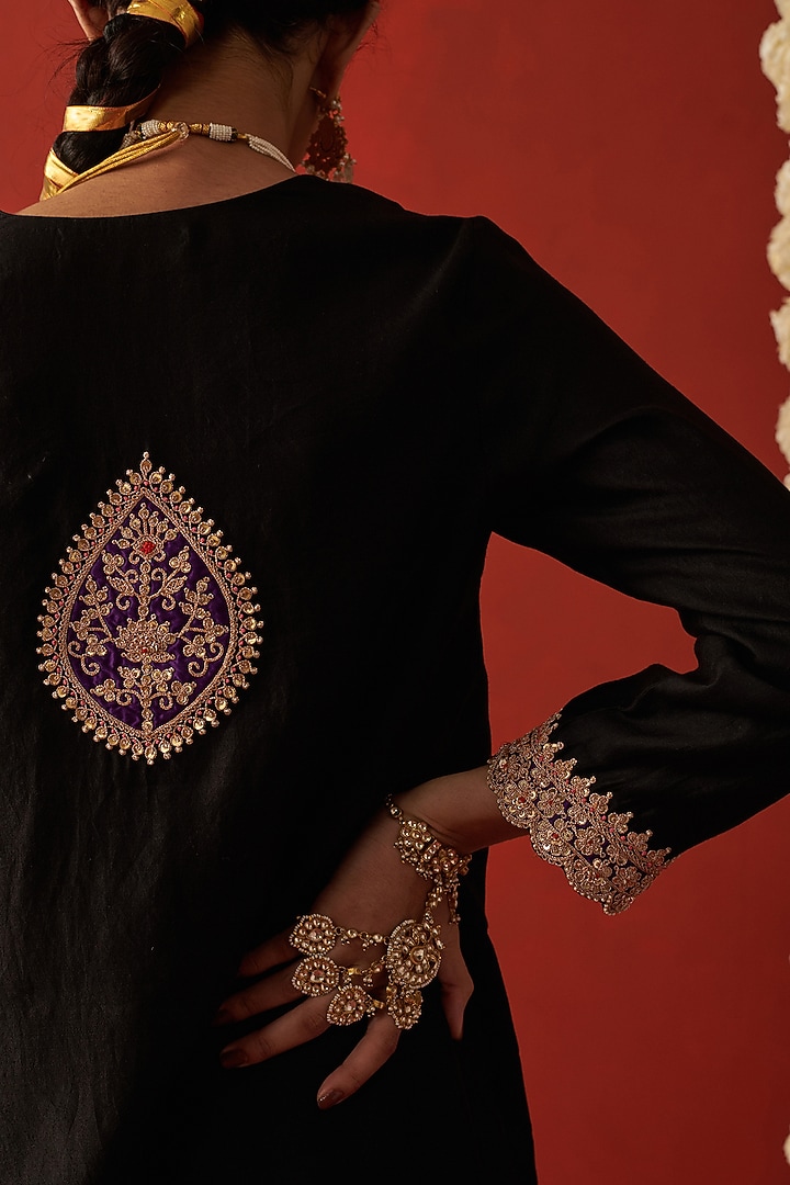 Deep Black Silk Marodi & Jaal Embroidered Kurta Set by RASHIKA MITTAL at Pernia's Pop Up Shop