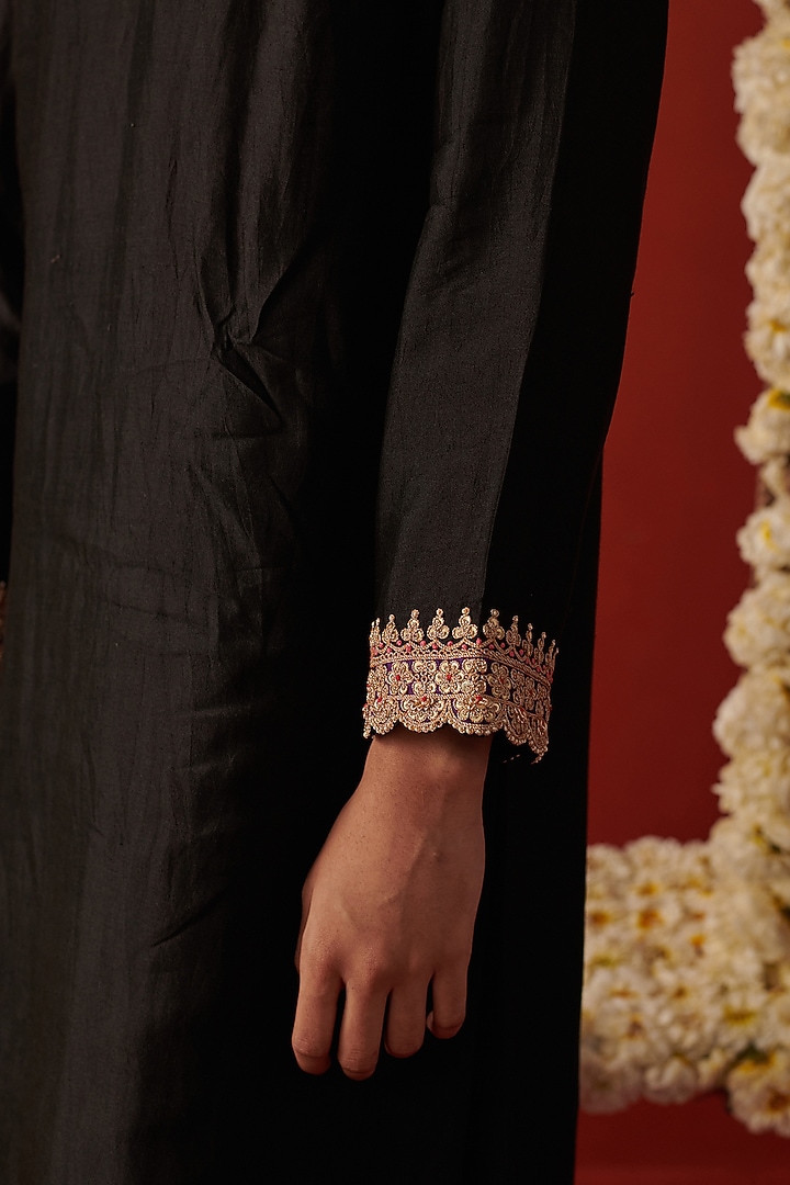 Deep Black Silk Marodi & Jaal Embroidered Kurta Set by RASHIKA MITTAL at Pernia's Pop Up Shop