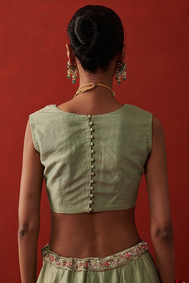 Pistachio Green Silk Tissue Sequin Hand Embroidered Lehenga Set by RASHIKA MITTAL at Pernia's Pop Up Shop