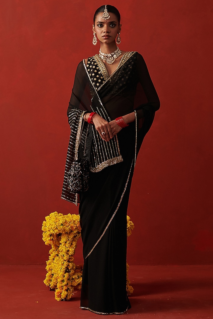 Black Chiffon Sequin & Cutdana Embroidered Party Wear Saree by RASHIKA MITTAL at Pernia's Pop Up Shop