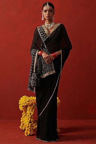 Black Chiffon Sequin & Cutdana Embroidered Saree by RASHIKA MITTAL
