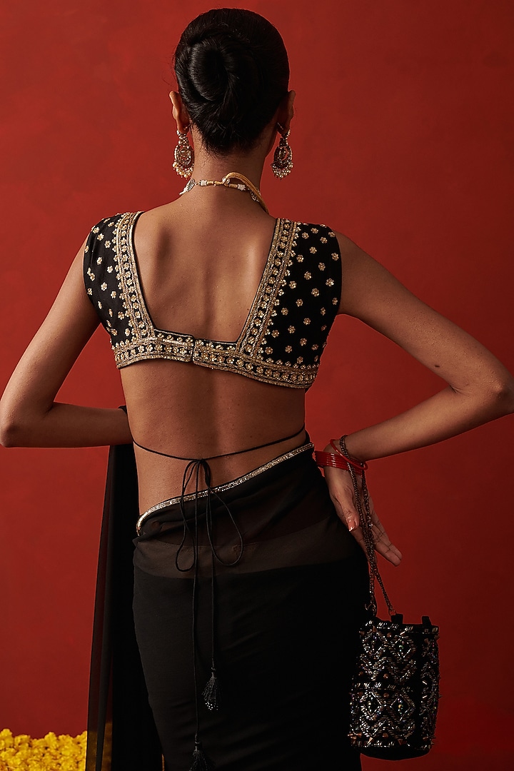 Black Chiffon Sequin & Cutdana Embroidered Party Wear Saree by RASHIKA MITTAL at Pernia's Pop Up Shop