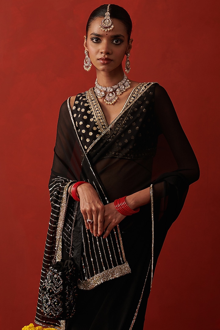 Black Chiffon Sequin & Cutdana Embroidered Party Wear Saree by RASHIKA MITTAL at Pernia's Pop Up Shop