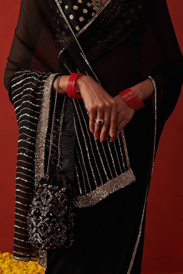 Black Chiffon Sequin & Cutdana Embroidered Party Wear Saree by RASHIKA MITTAL at Pernia's Pop Up Shop