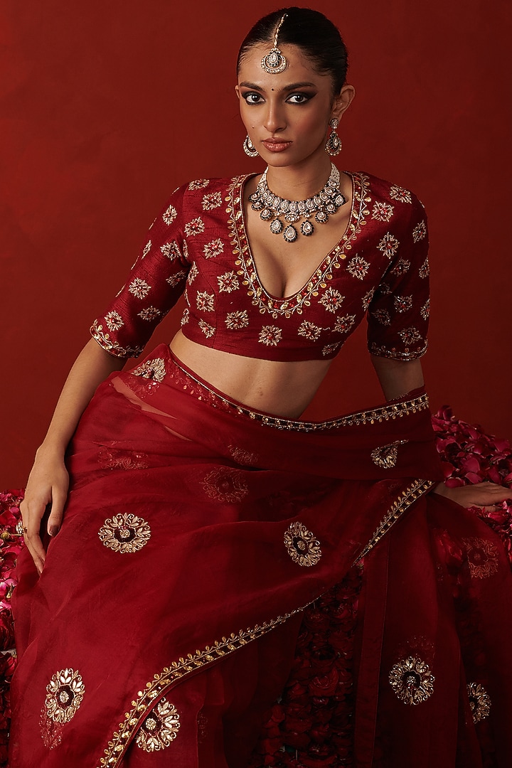 Deep Red Silk Sequin & Cutdana Embroidered Blouse by RASHIKA MITTAL at Pernia's Pop Up Shop