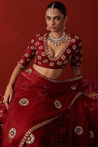 Deep Red Silk Sequin & Cutdana Embroidered Blouse by RASHIKA MITTAL