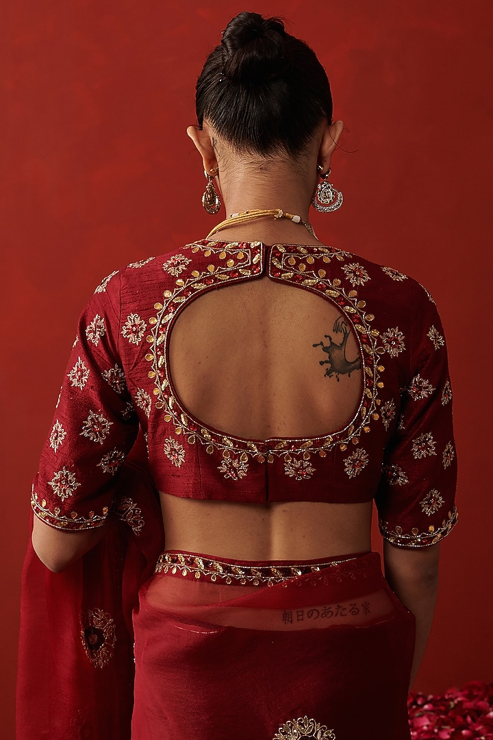 Deep Red Silk Sequin & Cutdana Embroidered Blouse by RASHIKA MITTAL at Pernia's Pop Up Shop