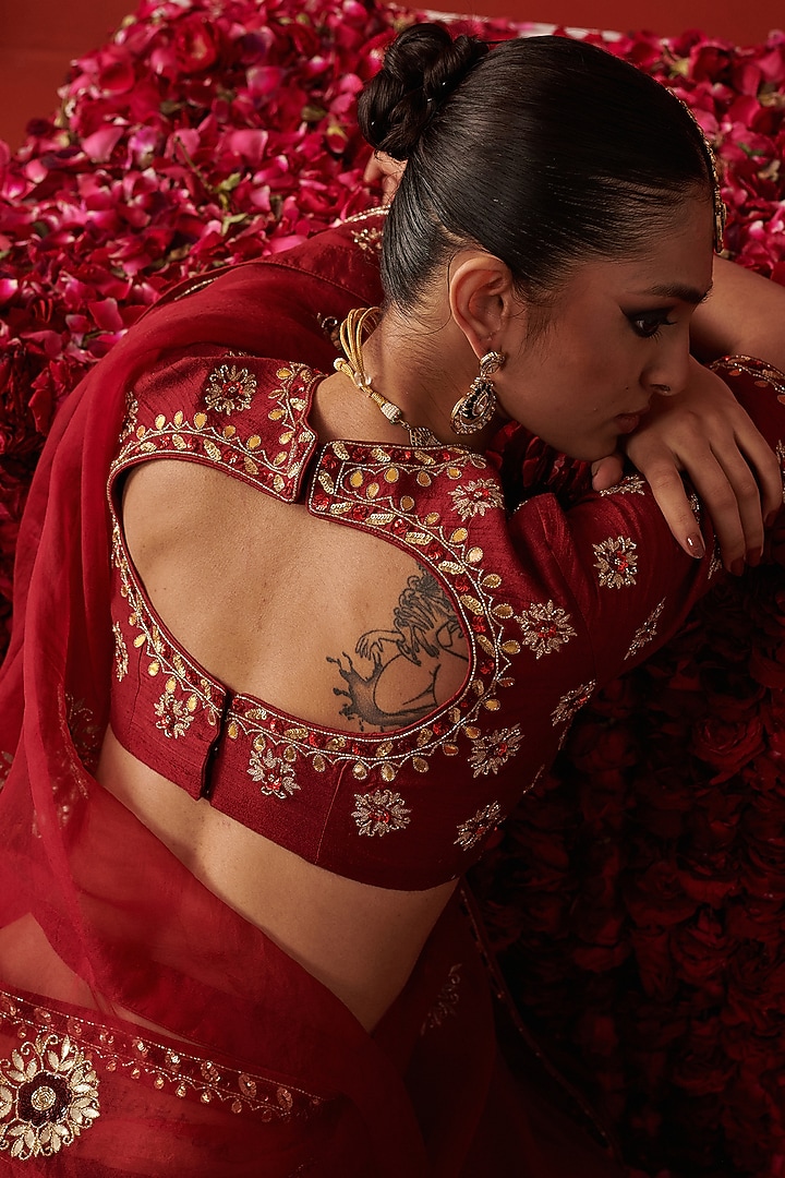 Deep Red Silk Sequin & Cutdana Embroidered Blouse by RASHIKA MITTAL at Pernia's Pop Up Shop