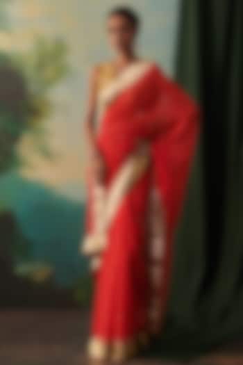 Orange Chiffon Lace Hand Embroidered Wedding Saree by RASHIKA MITTAL at Pernia's Pop Up Shop