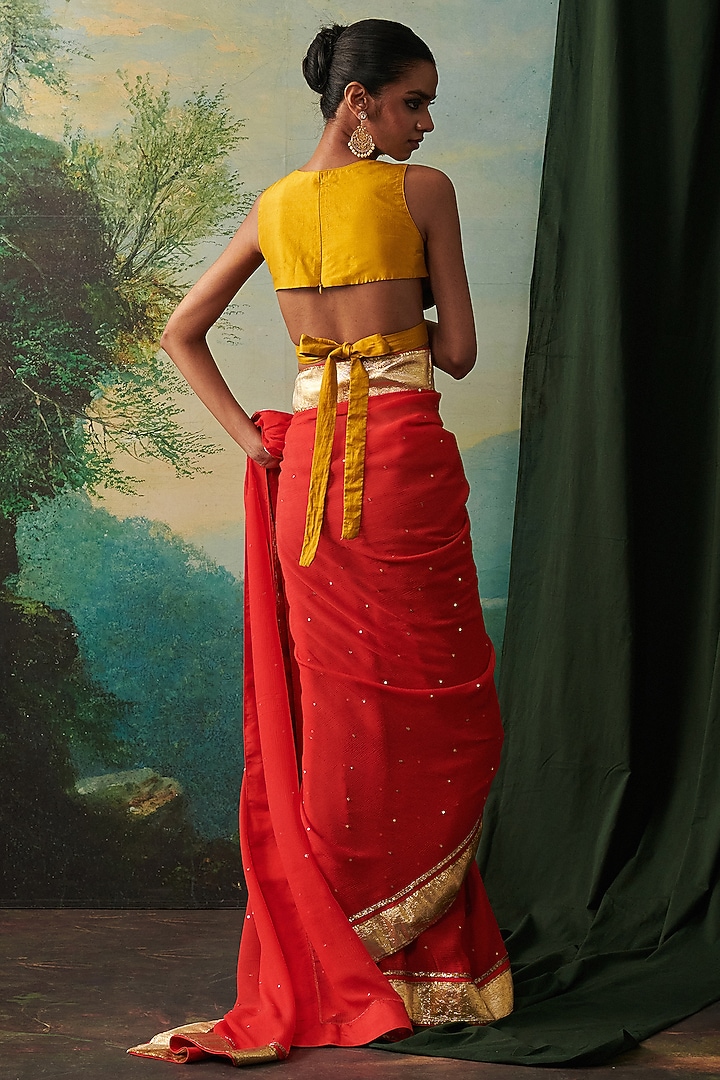 Orange Chiffon Lace Hand Embroidered Party Wear Saree by RASHIKA MITTAL at Pernia's Pop Up Shop