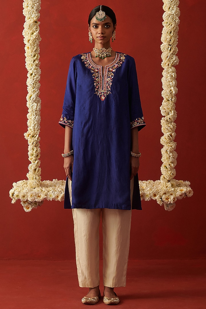 Blue Silk Sequin & Bead Hand Embroidered Kurta Set by RASHIKA MITTAL at Pernia's Pop Up Shop