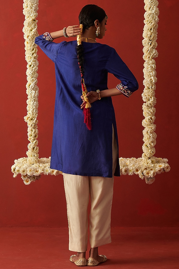 Blue Silk Sequin & Bead Hand Embroidered Kurta Set by RASHIKA MITTAL at Pernia's Pop Up Shop
