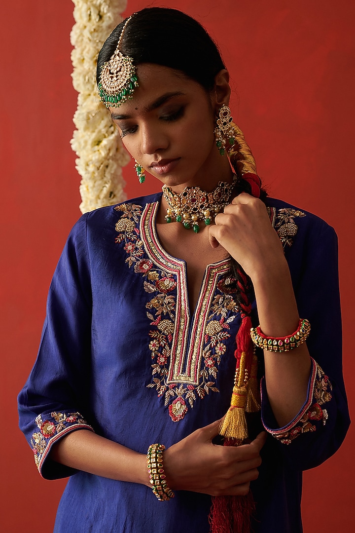 Blue Silk Sequin & Bead Hand Embroidered Kurta Set by RASHIKA MITTAL at Pernia's Pop Up Shop