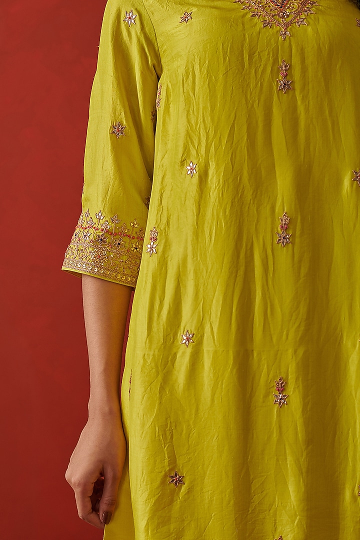 Lime Green Silk Floral Hand Embroidered Kurta Set by RASHIKA MITTAL at Pernia's Pop Up Shop