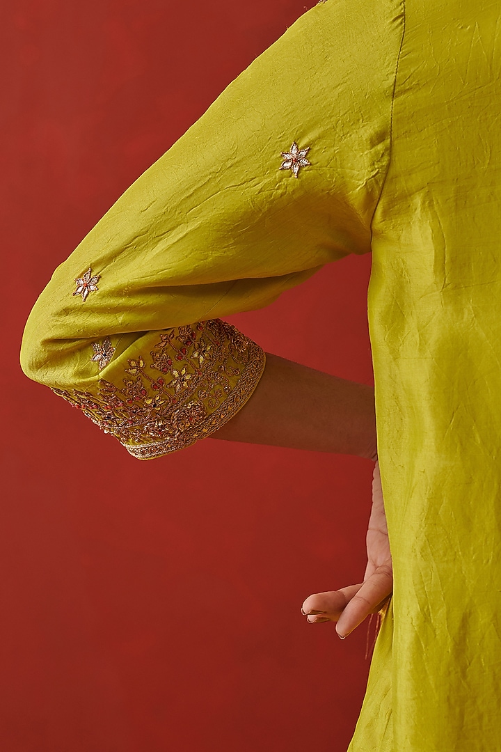 Lime Green Silk Floral Hand Embroidered Kurta Set by RASHIKA MITTAL at Pernia's Pop Up Shop