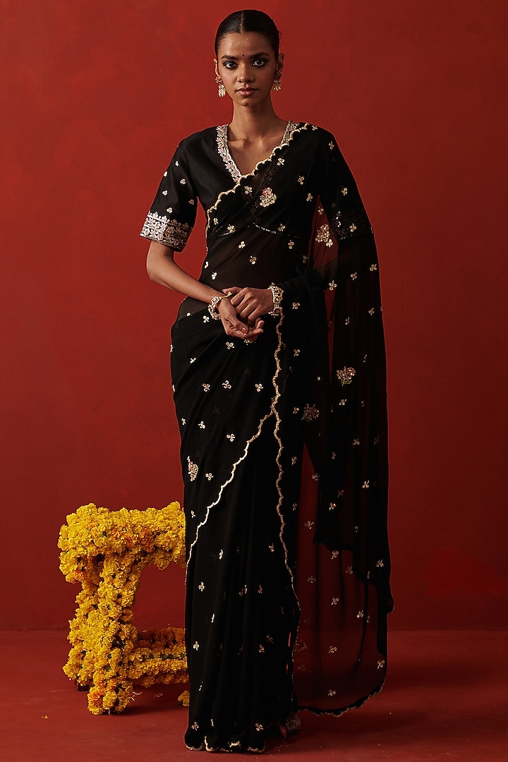 Black Georgette Sequin Hand Embroidered Wedding Saree by RASHIKA MITTAL at Pernia's Pop Up Shop