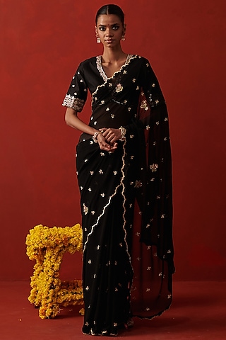 Black Georgette Sequin Hand Embroidered Saree by RASHIKA MITTAL