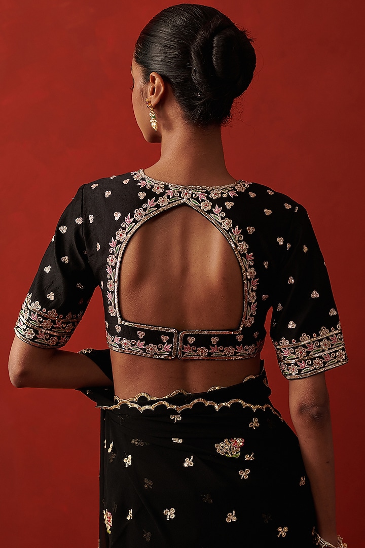 Black Georgette Sequin Hand Embroidered Wedding Saree by RASHIKA MITTAL at Pernia's Pop Up Shop