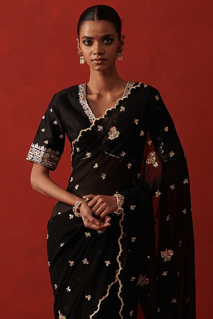 Black Georgette Sequin Hand Embroidered Wedding Saree by RASHIKA MITTAL at Pernia's Pop Up Shop