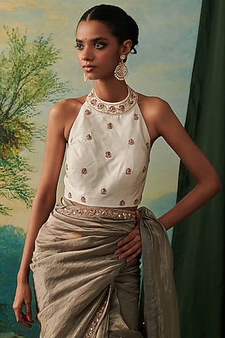 Soft Ivory Silk Mirror & Zardosi Embroidered Blouse by RASHIKA MITTAL