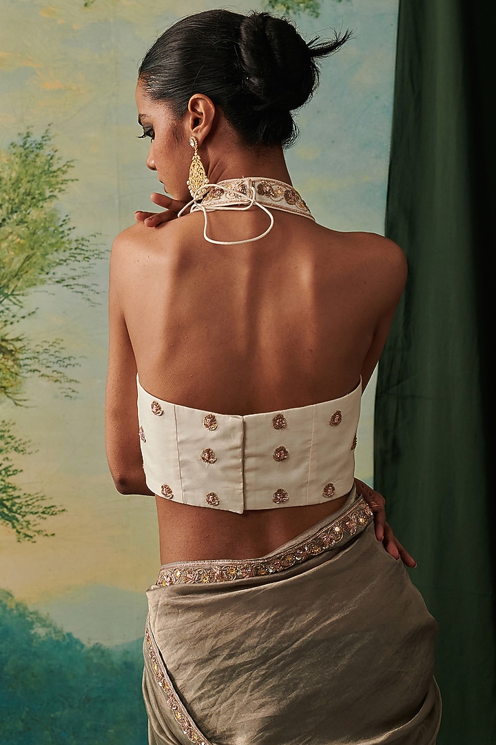 Soft Ivory Silk Mirror & Zardosi Embroidered Blouse by RASHIKA MITTAL at Pernia's Pop Up Shop