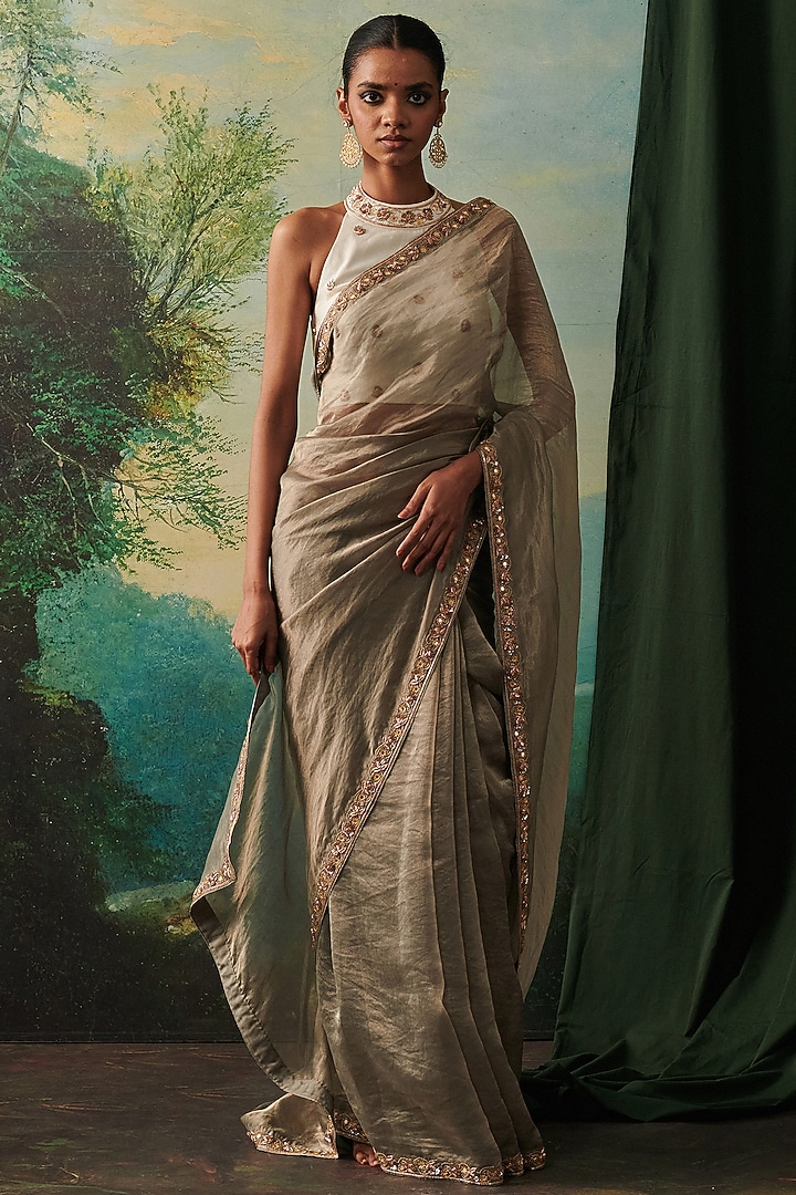 Soft Ivory Silk Mirror & Zardosi Embroidered Blouse by RASHIKA MITTAL at Pernia's Pop Up Shop