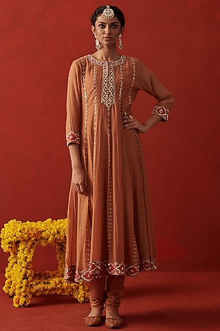 Cinnamon-Brown Chanderi Floral & Resham Embroidered Anarkali Set by RASHIKA MITTAL