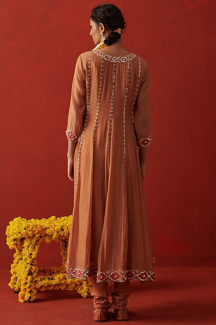 Cinnamon-Brown Chanderi Floral & Resham Embroidered Party Wear Anarkali Set by RASHIKA MITTAL at Pernia's Pop Up Shop