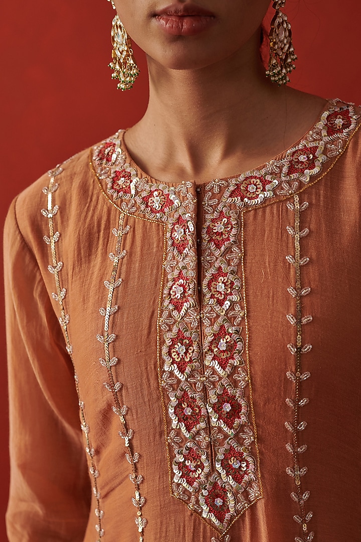 Cinnamon-Brown Chanderi Floral & Resham Embroidered Party Wear Anarkali Set by RASHIKA MITTAL at Pernia's Pop Up Shop