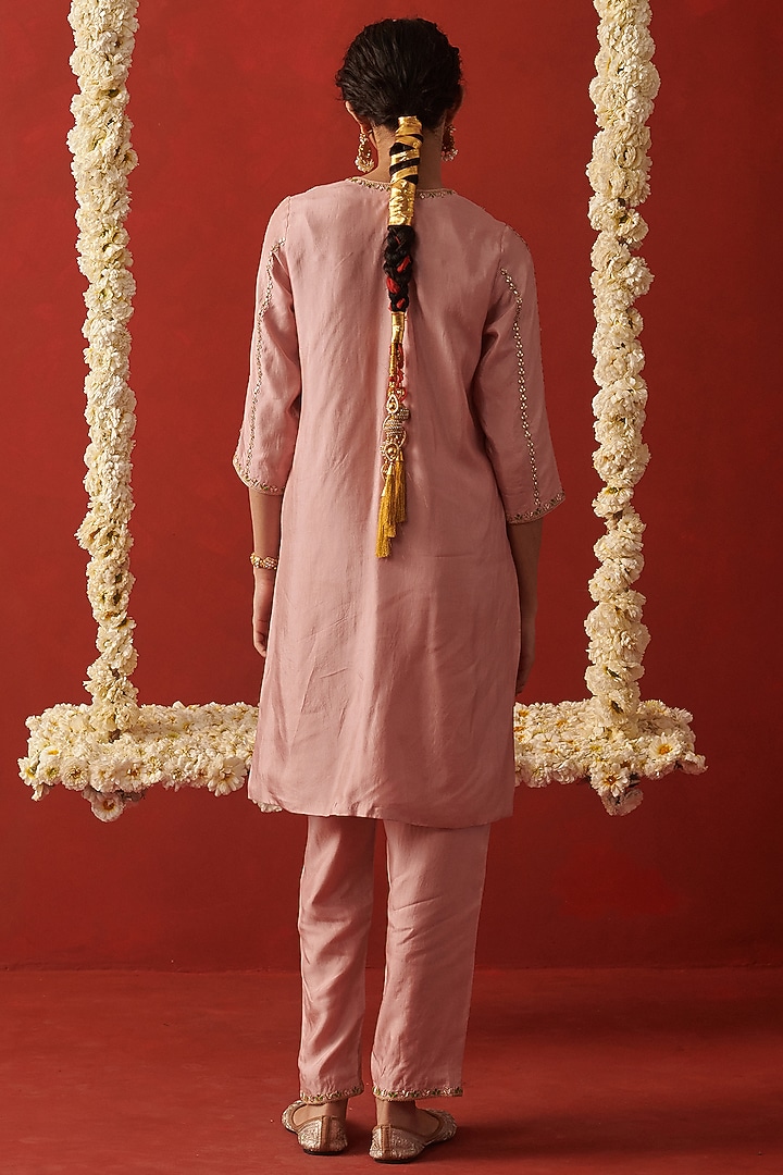 Pink Silk Gota & Marodi Hand Embroidered Kurta Set by RASHIKA MITTAL at Pernia's Pop Up Shop