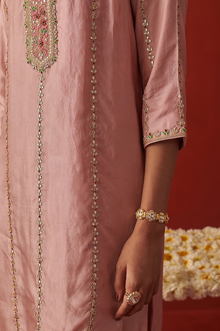 Pink Silk Gota & Marodi Hand Embroidered Kurta Set by RASHIKA MITTAL at Pernia's Pop Up Shop
