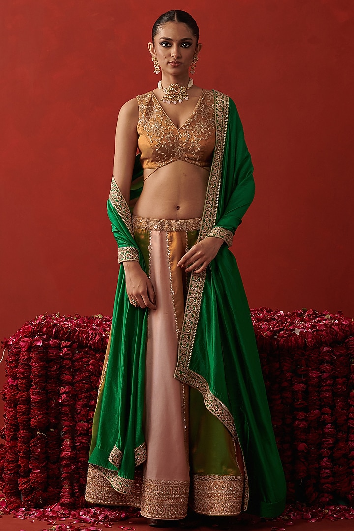 Multi-Colored Tissue Jacquard Gota Embroidered Wedding Lehenga Set by RASHIKA MITTAL at Pernia's Pop Up Shop